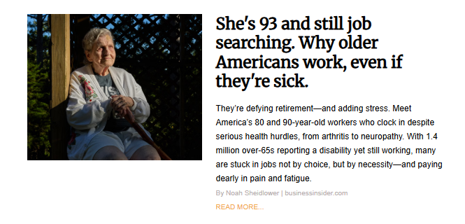 A 93-year-old woman, partially backlit by the sun, sits outdoors holding a cane, symbolizing older Americans who must continue job searching and working past retirement age despite illness.