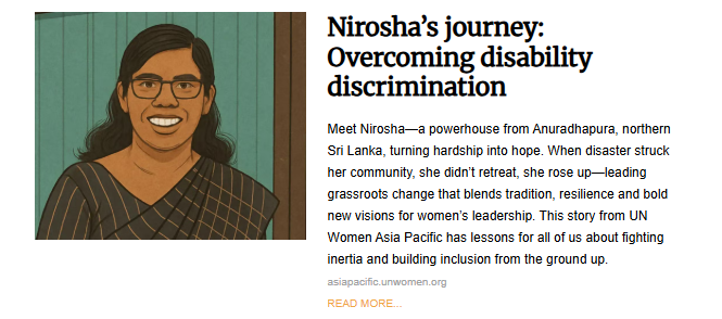 A news article featuring an illustration of Nirosha, a smiling South Asian woman with long dark hair and glasses, wearing a traditional sari. The headline reads: "Nirosha's journey: Overcoming disability discrimination."
