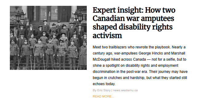 A black and white historical photo from a news article showing a large group of World War I Canadian veterans, many of whom are war amputees, standing formally on the steps of a building. Several men in uniform are standing in the front row, many holding crutches. The headline reads: "Expert insight: How two Canadian war amputees shaped disability rights activism."