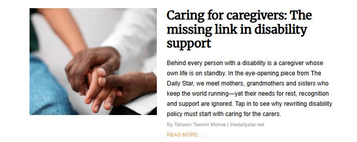 A news article photo showing a close-up of two hands clasped together—one hand is dark-skinned and is wearing a white medical coat, and the other is light-skinned, suggesting a caregiver comforting a patient or loved one. The headline reads: "Caring for caregivers: The missing link in disability support."