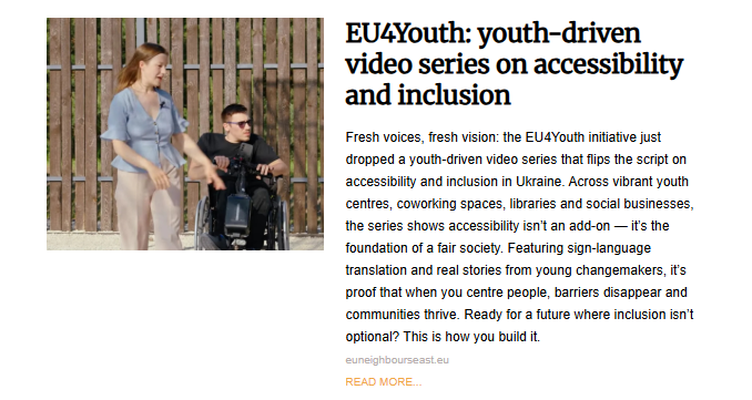 A young man in a wheelchair and a woman talking and walking outdoors, representing the EU4Youth video series on accessibility and inclusion driven by young change-makers in Ukraine.