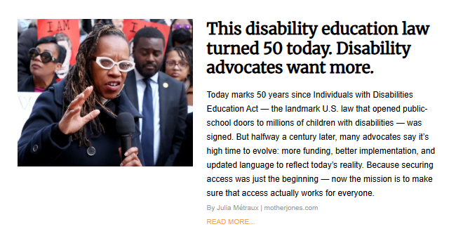 A woman with glasses and long braids, speaking into a microphone at a rally, with people holding signs behind her, illustrating an article about the 50th anniversary of the Individuals with Disabilities Education Act (IDEA).