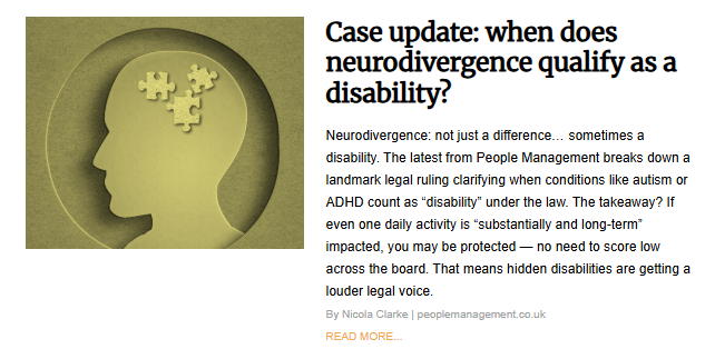 A stylized, paper-cut silhouette illustration of a human head with three puzzle pieces fitting into the brain area, symbolizing a legal case update on neurodivergence qualifying as a disability.