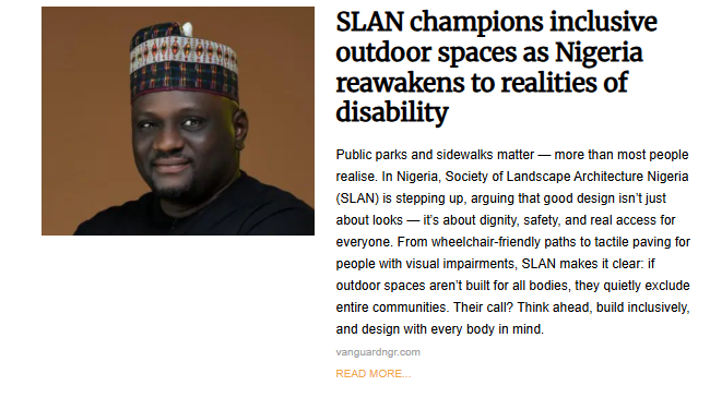 A portrait of a man wearing a traditional Nigerian cap and a black shirt, representing the Society of Landscape Architecture Nigeria (SLAN) advocating for inclusive outdoor spaces.