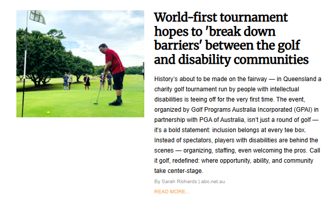 A man wearing a red shirt and dark shorts is putting a yellow golf ball on a bright green fairway. He is focused on his shot near a flagstick marking the hole. In the background, several other people are visible beneath a line of trees. The image illustrates a news article with the headline: "World-first tournament hopes to 'break down barriers' between the golf and disability communities."