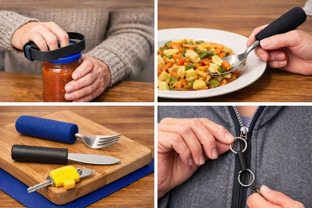 A four-panel collage showing various adaptive daily living aids in use: