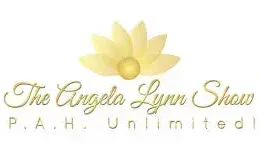 A gold-toned logo on a white background featuring a stylized, multi-layered lotus flower at the top. Below the flower, the elegant cursive text reads "The Angela Lynn Show," followed by "P.A.H. Unlimited" in a clean, spaced-out sans-serif font.