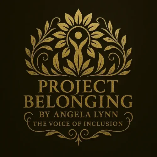 An ornate gold logo on a dark background. The central icon depicts a stylized human figure with arms raised, transforming into a blooming flower with symmetrical leaves and vines. Below the icon, the bold text reads "PROJECT BELONGING," with "BY ANGELA LYNN" and "THE VOICE OF INCLUSION" written in smaller caps below.