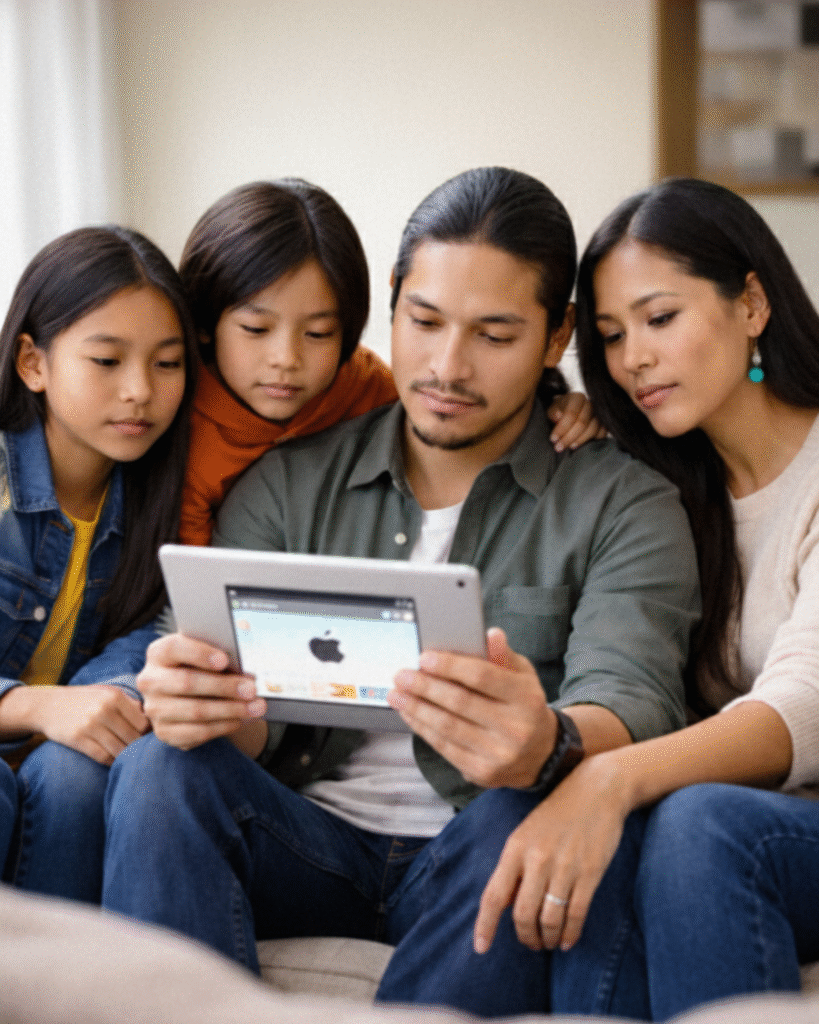 A warm, medium shot of an Asian family of four sitting closely together on a sofa. The father, in the center with long hair tied back, holds a silver tablet that the mother and two young children are leaning in to look at. The screen of the tablet displays a bright interface with a prominent Apple logo. They all share a focused and calm expression, creating a sense of quiet family bonding.