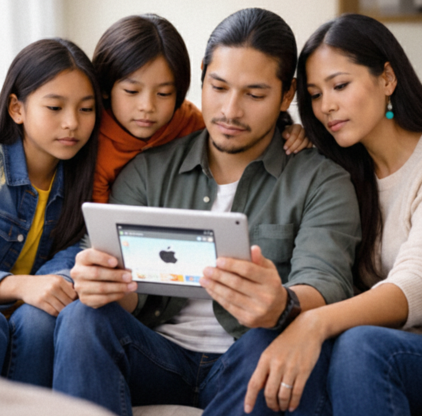 A warm, medium shot of an Asian family of four sitting closely together on a sofa. The father, in the center with long hair tied back, holds a silver tablet that the mother and two young children are leaning in to look at. The screen of the tablet displays a bright interface with a prominent Apple logo. They all share a focused and calm expression, creating a sense of quiet family bonding.