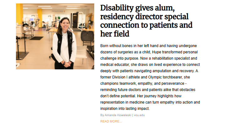 An article feature titled "Disability gives alum, residency director special connection to patients and her field." The photo shows a woman in a medical setting, smiling and wearing a white sweater and black vest with a stethoscope around her neck.