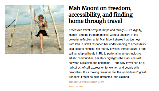 An article titled "Mah Mooni on freedom, accessibility, and finding home through travel." The photo features an artist, Mah Mooni, sitting on a wooden swing over a shallow, sandy beach landscape under a cloudy sky.