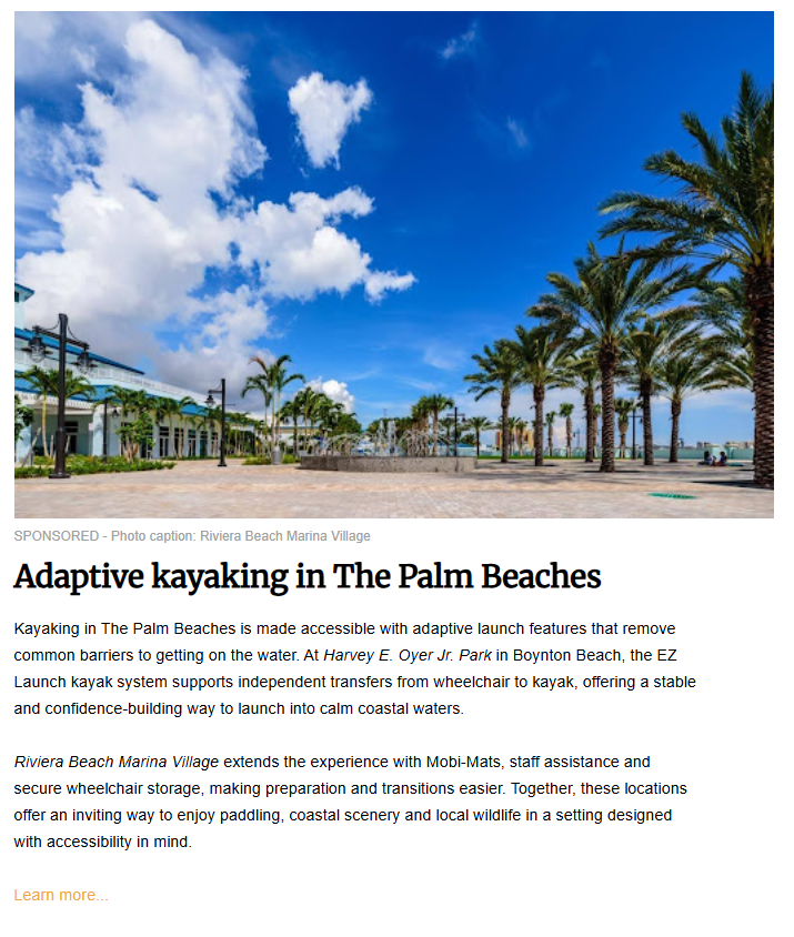 A sponsored article titled "Adaptive kayaking in The Palm Beaches" featuring a bright, sunny photo of Riviera Beach Marina Village with palm trees and a blue, cloudy sky. The text explains how locations like Harvey E. Oyer Jr. Park use EZ Launch systems and Mobi-Mats to help wheelchair users transition easily into kayaks.