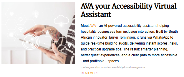 A promotional graphic titled "AVA your Accessibility Virtual Assistant". The photo shows a close-up of a person's tattooed hands using a tablet with digital icons for Wi-Fi, cloud syncing, and connectivity overlaid on the screen. The text describes an AI-powered tool built by South African innovator Tarryn Tomlinson that helps hospitality businesses perform real-time building accessibility audits via WhatsApp.