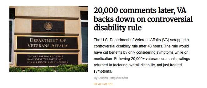 A news article titled "20,000 comments later, VA backs down on controversial disability rule". The photo features the exterior of the U.S. Department of Veterans Affairs building, showing official bronze signage that includes a quote by Abraham Lincoln. The text explains that the VA scrapped a plan to cut benefits by only considering symptoms while on medication after receiving over 20,000 veteran comments.