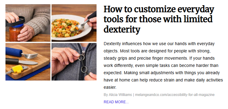 A four-panel collage demonstrating various accessibility hacks for limited hand dexterity.