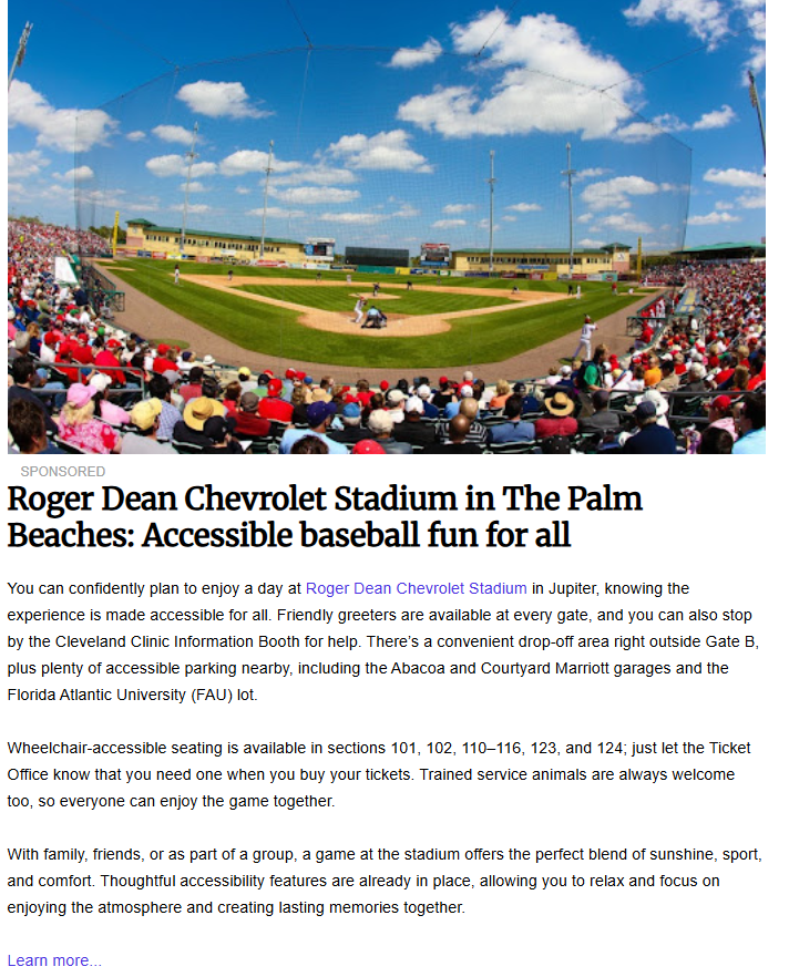 A wide-angle view of a baseball game at Roger Dean Chevrolet Stadium under a bright blue sky with fluffy white clouds. The stands are filled with spectators wearing red and white, overlooking a well-manicured green field. The text below outlines specific accessibility features like drop-off areas and designated seating sections.