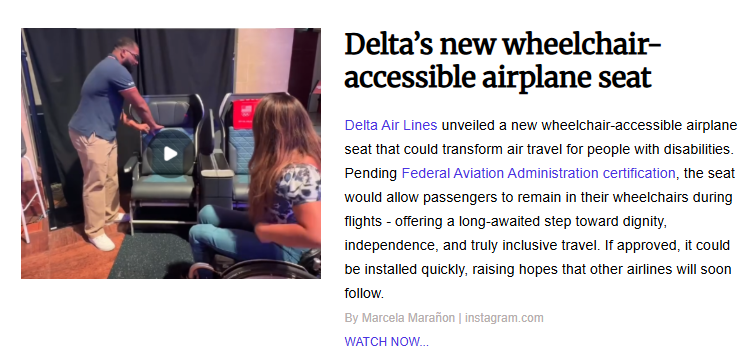 A video still showing a man in a blue polo shirt demonstrating a prototype of Delta's new wheelchair-accessible airplane seat. To his right, a woman in a wheelchair observes the seat, which features blue and grey upholstery and is designed to allow passengers to remain in their own wheelchairs during a flight.