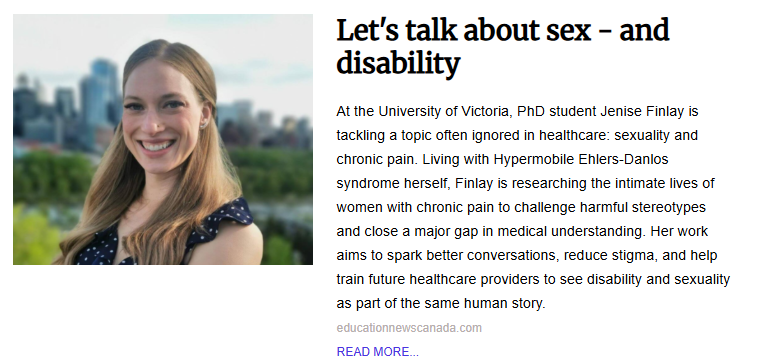 A portrait of Jenise Finlay, a smiling woman with long blonde hair wearing a navy blue polka-dot top. She is positioned outdoors with a soft-focus city skyline and green trees in the background under a bright sky.