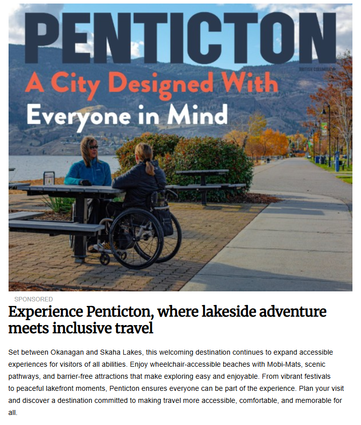 A scenic promotional image for Penticton, British Columbia, showing two women sitting at an outdoor picnic table by a lake. One woman is using a wheelchair. The background features a paved lakeside path, autumn trees, and rolling mountains. Large text at the top reads "PENTICTON: A City Designed With Everyone in Mind."