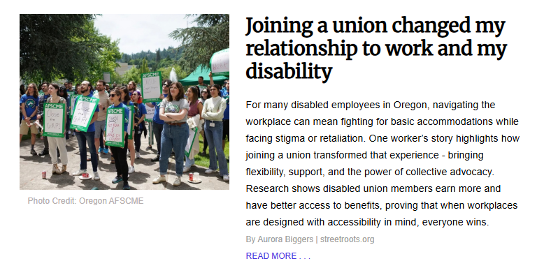 A group of people at an outdoor rally in Oregon, many wearing blue AFSCME union shirts and holding green signs that say "Close the GAP!" The crowd is standing on a paved area with trees and a park fountain in the background, illustrating a story about collective advocacy for disabled workers.